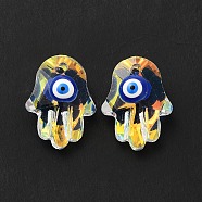 Evil Eye Glass Pendants, Hamsa Hand/Hand of Miriam Charms, with Enamel, Religion, Faceted, Half AB Color Plated, Blue, 18x13.5x7mm, Hole: 1.6mm(G-P485-02C)