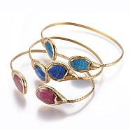 Brass Cuff Bangles, with Natural Agate Beads, teardrop, Golden, Mixed Color,  2 inch~2-1/8 inchx2-3/4 inch~3 inch(5~5.5x6.9~7.8cm)(BJEW-F381-02G)
