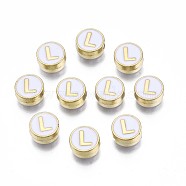 Alloy Enamel Beads, Cadmium Free & Lead Free, Light Gold, Flat Round with Alphabet, White, Letter.L, 8x4mm, Hole: 1.5mm(ENAM-N052-006-01L-RS)