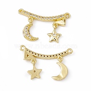 Brass Micro Pave Cubic Zirconia 2-Loop Pendants, Curve Charm, Dangle Moon & Star Charm, Real 18K Gold Plated, 12.5x21x2mm, Hole: 0.8mm(KK-E068-VC032)