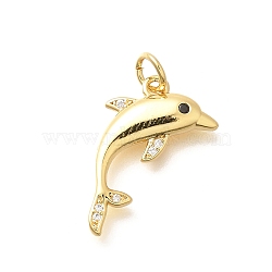 Brass Micro Pave Clear Cubic Zirconia Pendants, Dolphin Charms, Rack Plating, Long-Lasting Plated, Lead Free & Cadmium Free, Real 18K Gold Plated, 19x17x2.5mm, Hole: 3mm(KK-Q040-03H-G)