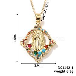 Brass Cubic Zirconia Hollow Oval Design Virgin Mary Pendant Exquisite Necklaces, Golden, Colorful, 15.75 inch(40cm)(DG8423-1)