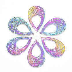 Ion Plating(IP) 201 Stainless Steel Filigree Pendants, Etched Metal Embellishments, Teardrop, Rainbow Color, 35.5x21.5x0.4mm, Hole: 1.2mm(X-STAS-T057-05)