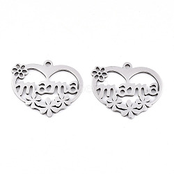 Non-Tarnish Mother's Day 201 Stainless Steel Pendants, Laser Cut, Heart with Word Mama, Stainless Steel Color, 17x20x0.9mm, Hole: 1.4mm(X-STAS-S081-080)