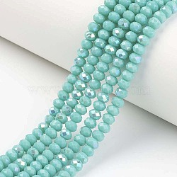 Electroplate Opaque Solid Color Glass Beads Strands, Half Rainbow Plated, Faceted, Rondelle, Turquoise, 3.5x3mm, Hole: 0.4mm, about 123~127pcs/strand, 13.7~14.1 inch(35~36cm)(EGLA-A034-P3mm-L15)