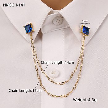 304 Stainless Steel Pave Cubic Zirconia Square Hanging Chain Brooch, Golden, Blue, 170mm, Brooch: 10mm