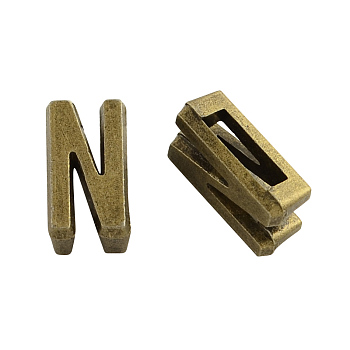 Tibetan Style Alloy Letter Slide Charms, Cadmium Free & Nickel Free & Lead Free, Letter.N, 11x2~8x4mm, Hole: 7x2mm, about 1135pcs/1000g