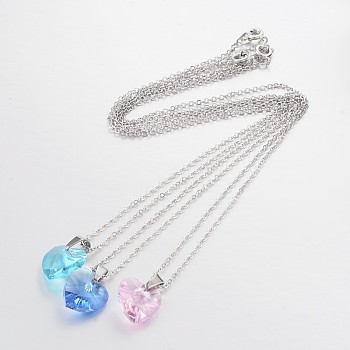 Platinum Plated Brass Necklaces, with Glass Heart Pendant and Spring Ring Clasps, Mixed Color, 17.9 inch, 1.6mm