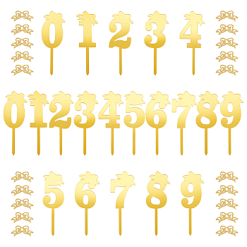 SUPERDANT 6Pcs 6 Style Acrylic Cake Insert Card Decoration, Bakeware Supplies, Bowknot & Number, Gold, 106~108mm, 2pcs/style