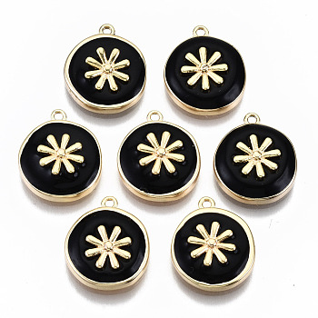 Brass Enamel Pendants, Flat Round with Radial, Nickel Free, Real 18K Gold Plated, 15x13x4mm, Hole: 1.2mm