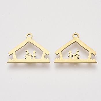 201 Stainless Steel Charms, Laser Cut Pendants, House with Human, Golden, 14x18x1mm, Hole: 1.2mm