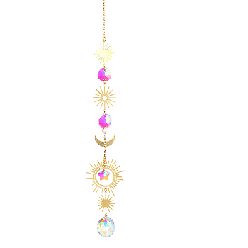 Quartz Crystal Big Pendant Decorations, Hanging Sun Catchers, Sun & Star & Moon, Deep Pink, 465x45mm