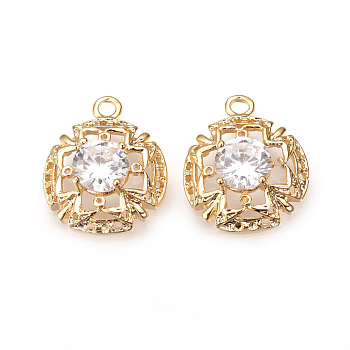 Brass Cubic Zirconia Pendants, Flower, Nickel Free, Real 18K Gold Plated, 19x15x5mm, Hole: 2mm
