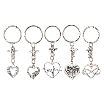 Valentine's Day Heart Alloy Pendant Keychain, with Iron Split Key Rings, Mixed Shapes, 7.3~7.8cm