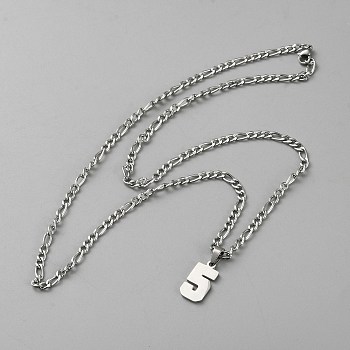 Non-Tarnish 304 Stainless Steel Figaro Chain Number Pendant Necklaces, Stainless Steel Color, Number 5, 24.21 inch(61.5cm), Pendant: 20x11mm