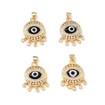 Lampwork Evil Eye Pendants with Colorful Cubic Zirconia, Real 18K Gold Plated Brass Findings, Lead Free & Cadmium free, Black, 25x18x5mm, Hole: 4x3.5mm