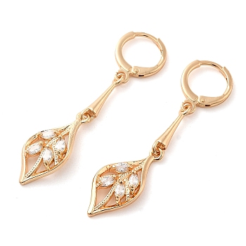 Rack Plating Golden Brass Dangle Leverback Earrings, with Cubic Zirconia, Leaf, Clear, 48x10mm