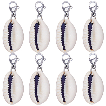30Pcs Natural Cowrie Shell Pendant Decorations, with 304 Stainless Steel Lobster Claw Clasps, Stainless Steel Color, 32~35mm, Pendant: 19~21x13~14x8~10mm
