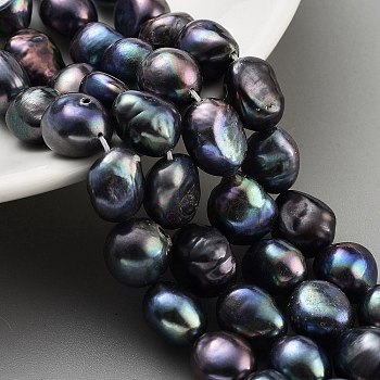 Dyed Natural Cultured Freshwater Pearl Beads Strands, Two Sides Polished, Grade 4A, Midnight Blue, 11~12mm, Hole: 0.7mm, about 16pcs/strand, 7.28 inch(18.5cm)