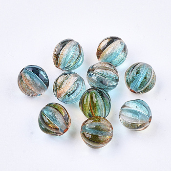 Two Tone Transparent Spray Painted Acrylic Corrugated Beads, Round, Dark Turquoise, 7.5x8x7.5mm, Hole: 1.5mm, about 2090pcs/500g