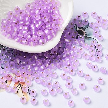 8/0 Glass Seed Beads, Frosted, Silver Lined, Round, Plum, 4.5x3mm, Hole: 1mm