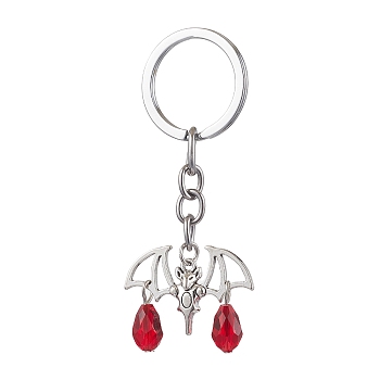 Bat Alloy & Glass Keychain, with 304 Stainless Steel Rings, Antique Silver, 8.2cm