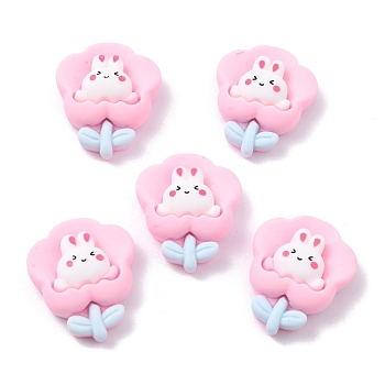 Opaque Resin Cabochons, for DIY Accessories, Flower with Rabbit, Pearl Pink, 23x19x8mm