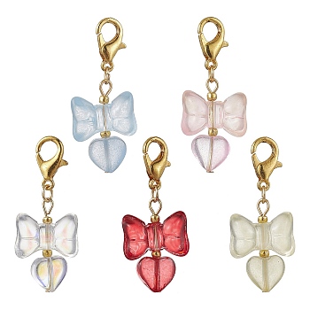 5Pcs 5 Colors Glass Pendant Decorations, with Zinc Alloy Lobster Claw Clasps, Bowknot with Heart, Mixed Color, 34mm, 1pc/color