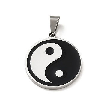 304 Stainless Steel Enamel Pendants, Flat Round with Yin Yang, Stainless Steel Color, 30x27x2mm, Hole: 9x4mm