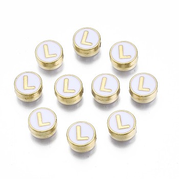 Alloy Enamel Beads, Cadmium Free & Lead Free, Light Gold, Flat Round with Alphabet, White, Letter.L, 8x4mm, Hole: 1.5mm