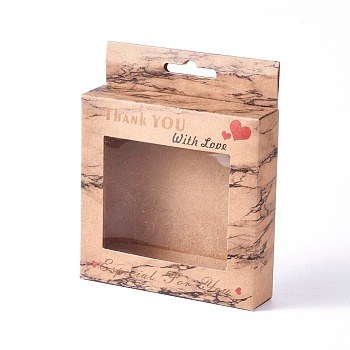 Kraft Paper Boxes, Clear Window Packaging Boxes, Rectangle with Word Thank You, BurlyWood, Box: 10x10cm, Unfold: 19.4x12.5x0.08cm