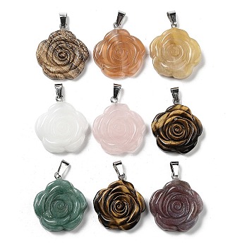 Natural Mixed Stone Carved Pendants, Flower Charms with Platinum Plated Iron Snap on Bails, 34~36x30.5~32x7~8mm, Hole: 7x3.5mm