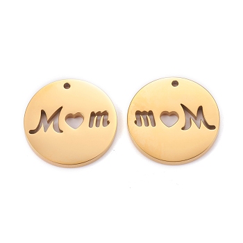 Mother's Day Ion Plating(IP) 304 Stainless Steel Pendants, Flat Round with Hollow Word Mom, Golden, 20x1.3mm, Hole: 2mm