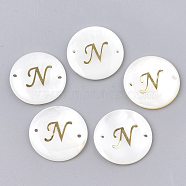 Freshwater Shell Links connectors, with Brass Findings, Flat Round, Golden, Letter.N, 20~21x3mm, Hole: 1.2mm(SHEL-S274-22N-G)
