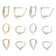 CHGCRAFT 12Pcs 6 Style Brass Micro Pave Clear Cubic Zirconia Hoop Earring Findings with Latch Back Closure, with Horizontal Loops, Platinum & Golden, 15~20x13.5~14x2~4mm, hole: 1~1.8mm, pin: 0.8mm, 2Pcs/style(FIND-CA0005-34)