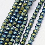 Electroplate Non-magnetic Synthetic Hematite Beads Strands, Faceted, Frosted, Round, Grade A, Green Plated, 3mm, Hole: 1mm, about 127pcs/strand, 16 inch(G-J169C-3mm-06)