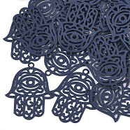 430 Stainless Steel Filigree Pendants, Spray Painted, Etched Metal Embellishments, Hamsa Hand/Hand of Fatima/Hand of Miriam, Marine Blue, 23x18x0.3mm, Hole: 1.4mm(X-STAS-T042-15A)