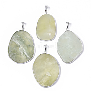 Natural New Jade Pendants, with Platinum Tone Brass Edge and Iron Snap on Bails, Nuggets, 36~65x23~43x5~13mm, Hole: 5x9mm(G-R461-17D)
