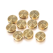 Tibetan Style Alloy Slide Charms, Flat Round with Vortex, Antique Golden, 14x5.5mm, Hole: 2x11mm(TIBEB-L004-006AG)
