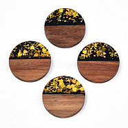 Opaque Resin & Walnut Wood Pendants, Flat Round Charms with Paillettes, Black, 28.5x3.5mm, Hole: 2mm(RESI-N039-43)