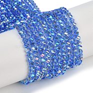 Electroplate Glass Beads Strands, Pearl Luster Plated, Faceted, Bicone, Royal Blue, 4x4x3mm, Hole: 1mm, about 149pcs/strand, 15.16''(38.5cm)(GLAA-Q105-04F)