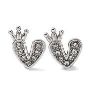 304 Stainless Steel with Rhinestone Stud Earrings, Heart with Crown, Stainless Steel Color, 9.5x7.5mm(EJEW-Q788-01P)