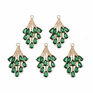 Brass Micro Pave Cubic Zirconia Pendants, with Glass, Long-Lasting Plated, Light Gold, Teardrop, Sea Green, 29x16.5x7mm, Hole: 1.6mm(X-KK-R111-006-A01)