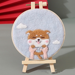 Dog, Beginner Handmade Felting DIY Material Package for Gift, Photo Frame with Photo Frame Rack, Flat Round, Goldenrod, Photo Frame: 120mm, 1pc, Photo Frame Rack: 1pc(PW-WG082E7-04)