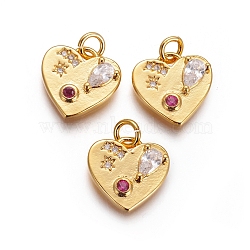 Brass Charms, with Cubic Zirconia and Jump Rings, Heart, Colorful, Golden, 12.5x12.5x3mm, Hole: 3mm(KK-I656-18G)