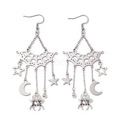 Non-Tarnish 304 Stainless Steel Dangle Earrings, Spider Web, Stainless Steel Color, 96x40mm(EJEW-TA00442)