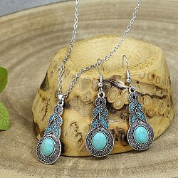 Synthetic Turquoise Pendant Necklaces & Dangle Earrings Sets, Alloy Jewelry Sets, Antique Silver, Teardrop, 21.2x17mm(WGE96E9-01)