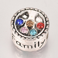 Alloy European Beads, with Rhinestones, Large Hole Beads, Flat Round with Tree of Life & Love Family, Antique Silver, Colorful, 12x8.5mm, Hole: 4.5mm(X-ALRI-Q230-66)