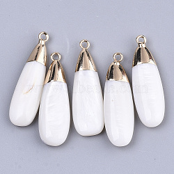 Natural Freshwater Shell Pendants, with Golden Plated Brass Findings, Teardrop, White, 32~33.5x9~10.5x4~5mm, Hole: 1.6mm(X-SSHEL-R045-15)