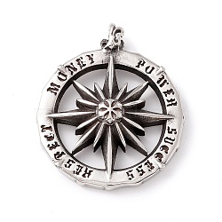 Tibetan Style 304 Stainless Steel Pendants, Flat Round, Antique Silver, 40x33.5x8mm, Hole: 6x5mm(STAS-P305-10AS)